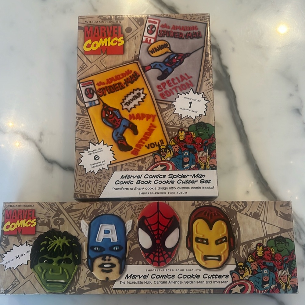 Marvel cookie cutters from William Sonoma .
Unopened full sets